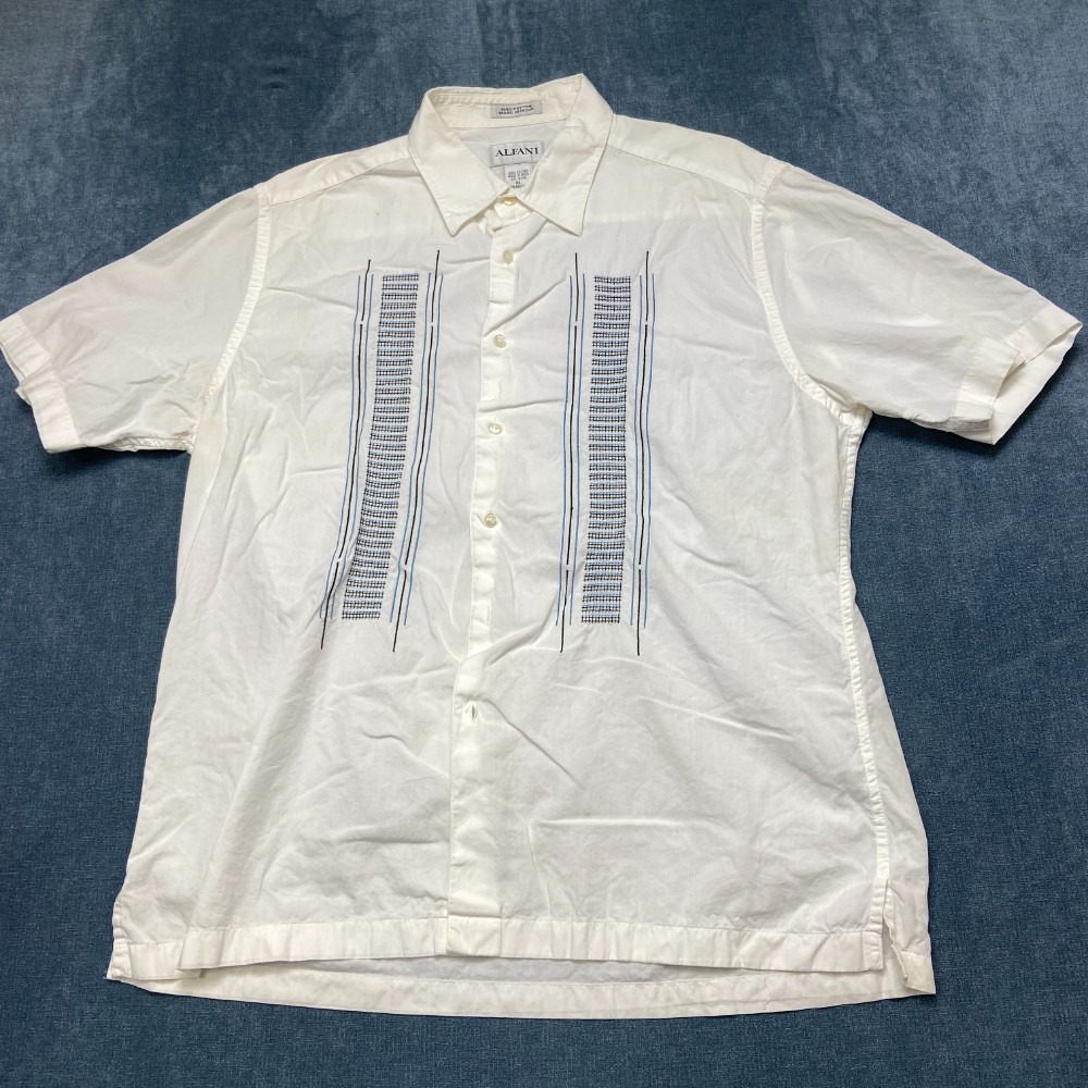 Vintage Alfani Shirt Mens XL White Embroidered Side Slit Short Sleeve Button Up